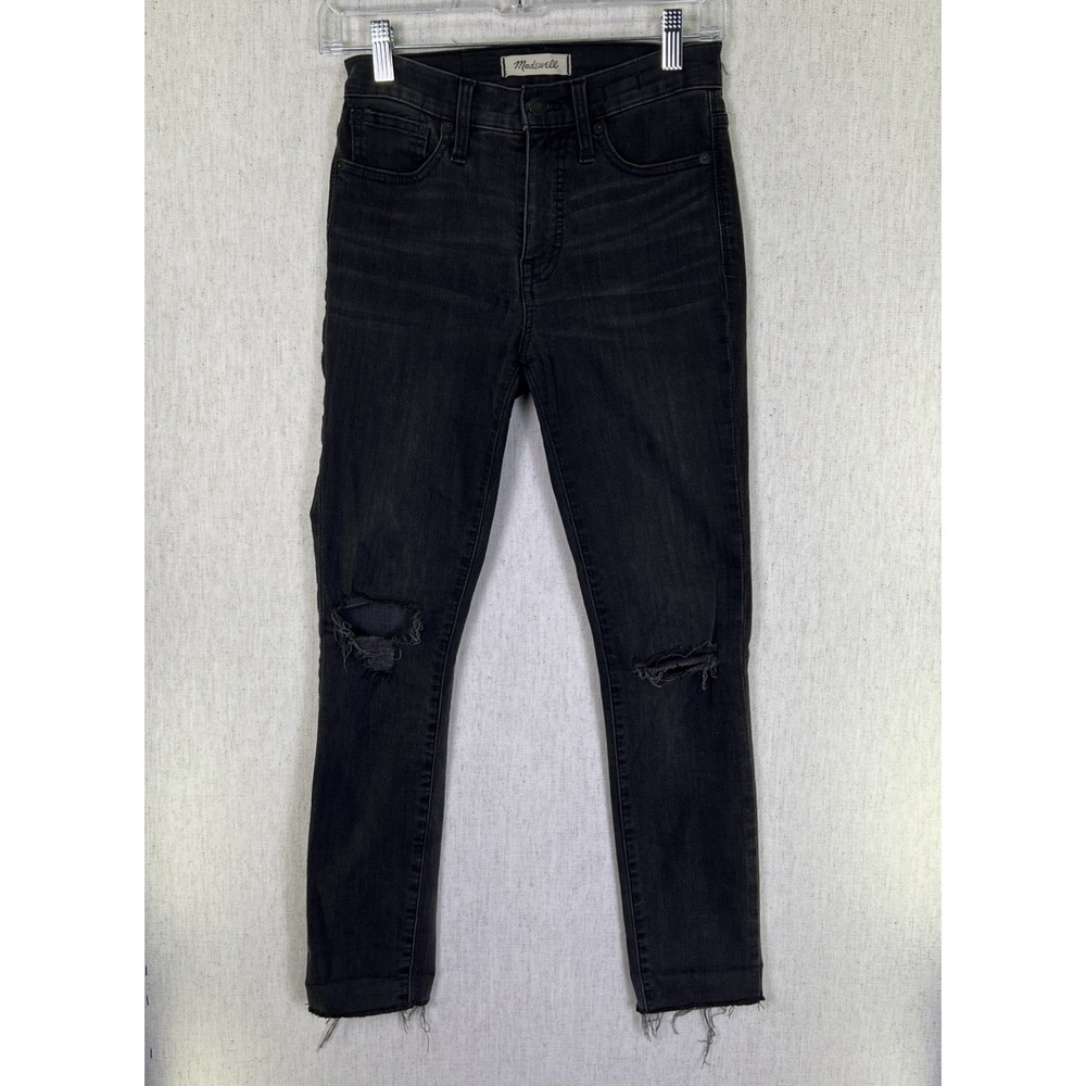 Madewell Jeans 9" Mid-Rise Black Skinny Raw Hem Distressed Women's Size 24